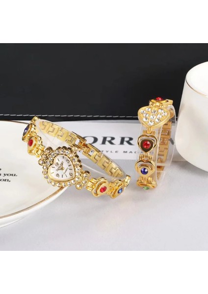 Altın-Altın Seti Lüks Altın Kadın Izle Moda Bayanlar Kuvars Elmas Kol Saati Zarif Kadın Bilezik Saatler 2 Adet Set Reloj Mujer Kutusu ile (Yurt Dışından) fiyatları