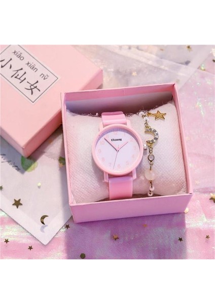 Pembe Kadın Izle Karikatür Jöle Numaraları Dial Bilezik Saatler Seti Bayanlar Lastik Bant Kuvars Kol Saati Kadın Kadın Saat (Yurt Dışından)