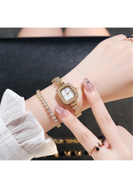 Altın Lüks Işıltı Kadın Çelik Bilezik Izle Moda Kare Kabuk Yüz Tasarımı Lüks Bayanlar Kuvars Saatler Elmas Saat (Yurt Dışından) indirimleri