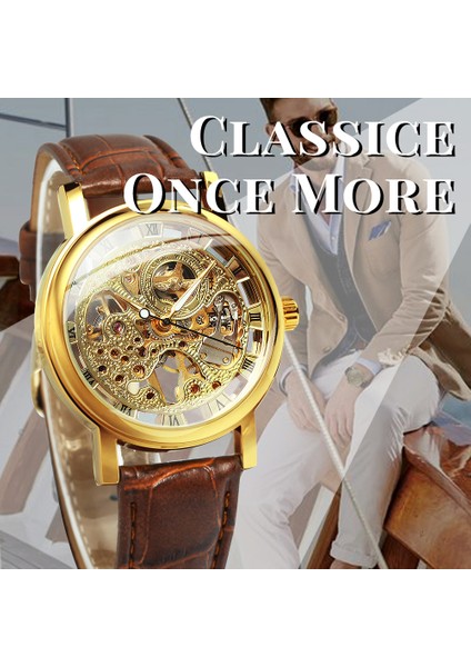 Kutu Gümüş-Sıyah Kazanan Altın Izle Erkekler Için Mekanik Kol Saatleri Moda Erkek Saatler Üst Marka Lüks Deri Kayış Montre Homme (Yurt Dışından) fırsatları