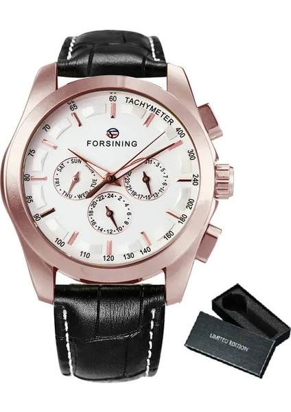 Bo Gül-Altın-Beyaz Forsining Siyah Iş Mekanik Izle Erkekler Otomatik 3 Alt Kadran Tarih Altın Çelik Band Elbise Kol Saati Saat Saat Reloj (Yurt Dışından)