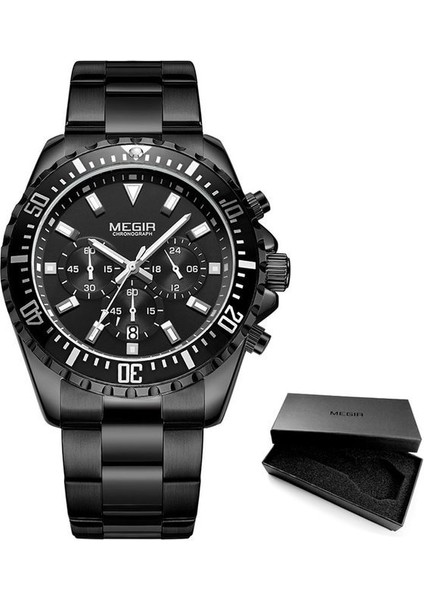 2064-BLACK-T Megir Man'ın Analog Kronograf Kuvars Saati Paslanmaz Çelik Bilezikli Erkek Çocuklar Için Aydınlık Kol Saati Takvim 24 Saat 2064G (Yurt Dışından)