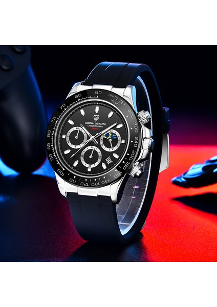 Siyah Gül Altın Lıge Spor Kronograf Lüks Analog Kuvars Saatler Erkekler Için Ay Izle Silikon Su Geçirmez Aydınlık Bilek Saatler Montre Homme (Yurt Dışından) modelleri