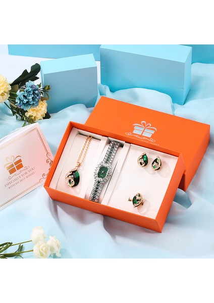 Izle Hediye Seti 01 Kadın Bilezik Saatler Lüks Elmas Kolye Küpe Kız Arkadaşı Için Set Hediye Moda Zarif Yeşil Kuvars Saatı Reloj (Yurt Dışından)