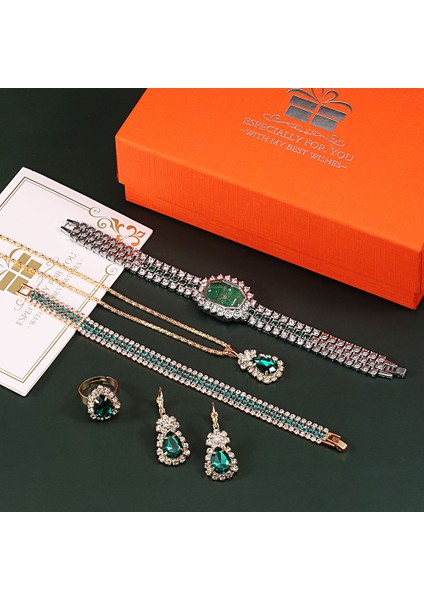 Izle Hediye Seti 01 Kadın Bilezik Saatler Lüks Elmas Kolye Küpe Kız Arkadaşı Için Set Hediye Moda Zarif Yeşil Kuvars Saatı Reloj (Yurt Dışından) indirimleri