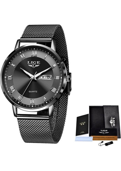 Tüm Siyah Erkekler Saatler Lıge Üst Marka Lüks Ultra Ince Saatler Su Geçirmez Tarih Saat Erkek Kuvars Izle Adam Bilek Saatler Relogio Masculino (Yurt Dışından)