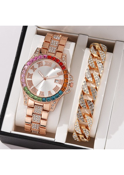 Gül Altın Kırmızı B 2 Adet Set Elmas Lüks Kadın Izle Moda Bayanlar Kuvars Kol Saati Zarif Kadın Bilezik Saatler Reloj Mujer (Yurt Dışından)
