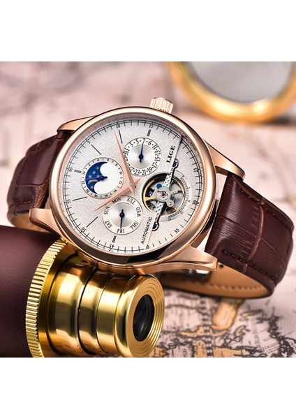 L Altın Mavi Lıge Marka Erkek Saat Otomatik Mekanik Saat Tourbillon Spor Saat Deri Iş Moda Retro Izle Relojes Hombre + Kutu (Yurt Dışından) fiyatları