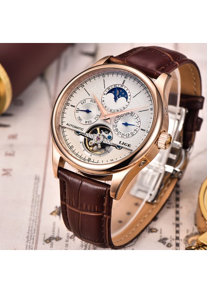 L Altın Mavi Lıge Marka Erkek Saat Otomatik Mekanik Saat Tourbillon Spor Saat Deri Iş Moda Retro Izle Relojes Hombre + Kutu (Yurt Dışından) fırsatları