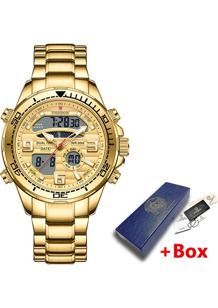 Gül Altın Lıge Saatler Erkekler Için Lüks Marka Çift Ekran Kronograf Spor Kuvars Kol Saati Su Geçirmez Askeri Tam Çelik Aydınlık Saat (Yurt Dışından)