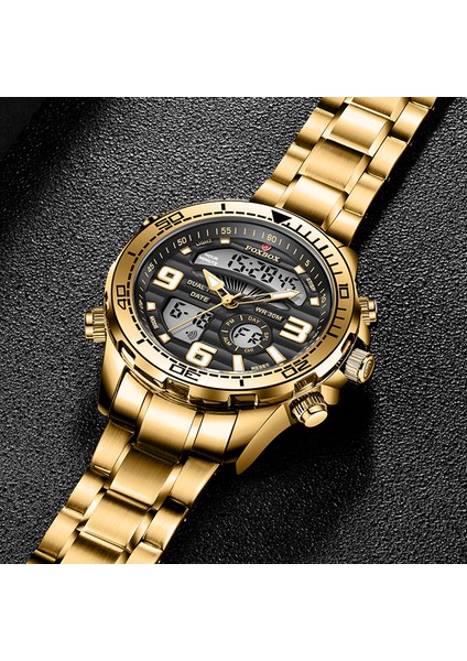 Gül Altın Lıge Saatler Erkekler Için Lüks Marka Çift Ekran Kronograf Spor Kuvars Kol Saati Su Geçirmez Askeri Tam Çelik Aydınlık Saat (Yurt Dışından) fiyatları