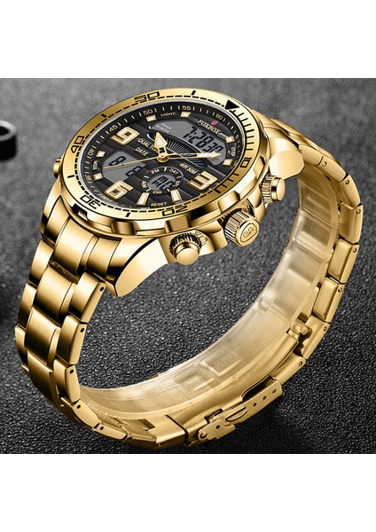 Gül Altın Lıge Saatler Erkekler Için Lüks Marka Çift Ekran Kronograf Spor Kuvars Kol Saati Su Geçirmez Askeri Tam Çelik Aydınlık Saat (Yurt Dışından) modelleri