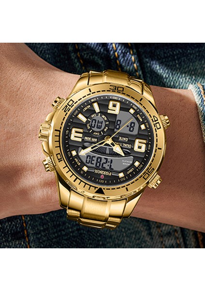 Gül Altın Lıge Saatler Erkekler Için Lüks Marka Çift Ekran Kronograf Spor Kuvars Kol Saati Su Geçirmez Askeri Tam Çelik Aydınlık Saat (Yurt Dışından) fırsatları