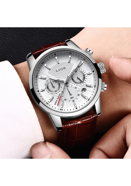 L Gümüş Beyaz Lıge Üst Marka Lüks Moda Yeni Deri Kayış Kuvars Erkek Saatler Rahat Tarih Iş Erkek Kol Saatleri Homme Montre Saat + Kutu (Yurt Dışından)