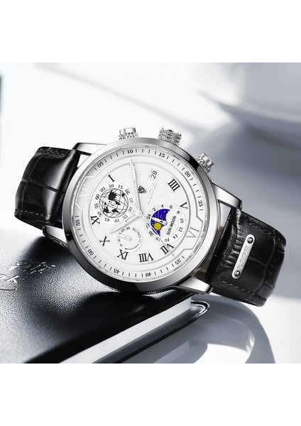 Gümüş Beyaz Lıge Erkek Saati Su Geçirmez Spor Saatler Erkekler Için Kuvars Izle Moda Kronograf Kol Saati Deri Kayış Izle Montre Homme (Yurt Dışından) modelleri