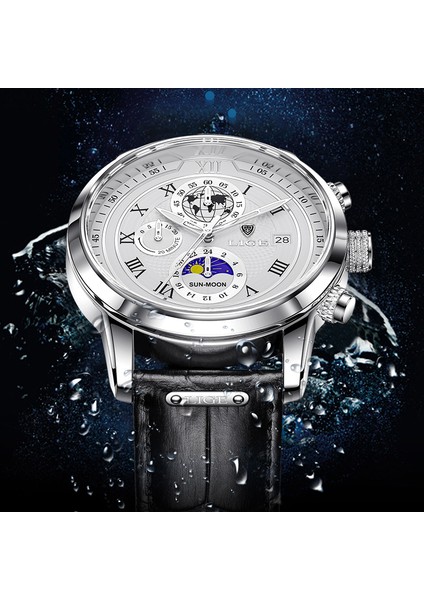 Gümüş Beyaz Lıge Erkek Saati Su Geçirmez Spor Saatler Erkekler Için Kuvars Izle Moda Kronograf Kol Saati Deri Kayış Izle Montre Homme (Yurt Dışından) fırsatları