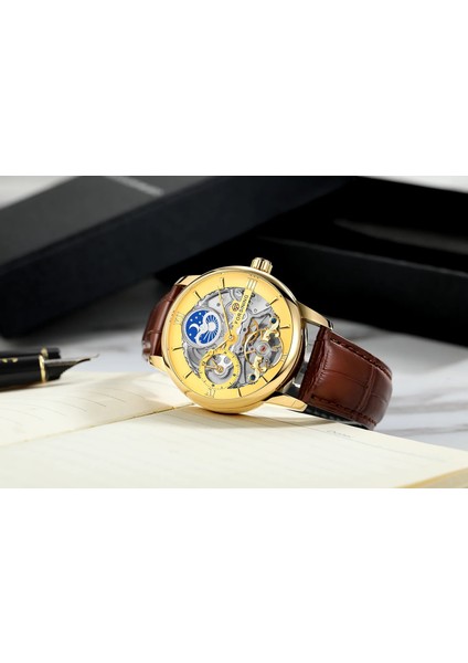 Altın Forsining Mekanik Saatler Erkek Kişilik Eğlence Içi Boş Güneş ve Ay Volan Otomatik Mekanik Saat Kol Saati Mecha (Yurt Dışından) fırsatları