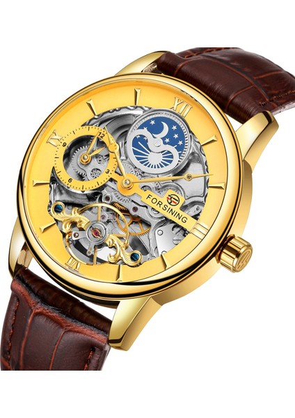 Altın Forsining Mekanik Saatler Erkek Kişilik Eğlence Içi Boş Güneş ve Ay Volan Otomatik Mekanik Saat Kol Saati Mecha (Yurt Dışından) indirimleri