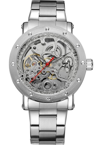 Gümüş Forsınıng Erkek Saati Basit Rahat Içi Boş Tırnak Ölçekli Mekanik Saat Dairesel Çelik Kayış Izle Gümüş Saat (Yurt Dışından)