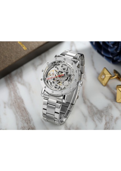 Gümüş Forsınıng Erkek Saati Basit Rahat Içi Boş Tırnak Ölçekli Mekanik Saat Dairesel Çelik Kayış Izle Gümüş Saat (Yurt Dışından) indirimleri