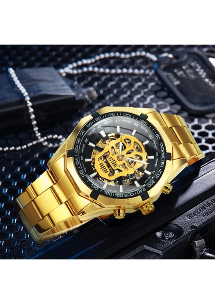 Bo Sıyah Altın Kazanan Resmi Erkek Saatler Top Marka Lüks Otomatik Mekanik Izle Erkekler Çelik Kayış Hip Hop Kafatası Iskeleti Dial Bilek Izle (Yurt Dışından)