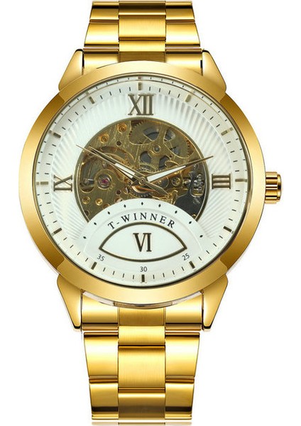 Altın Beyaz Kazanan Resmi Lüks Marka Otomatik Izle Siyah Paslanmaz Çelik Kayış Altın Saatler Erkekler Için Mekanik Kol Saati (Yurt Dışından)
