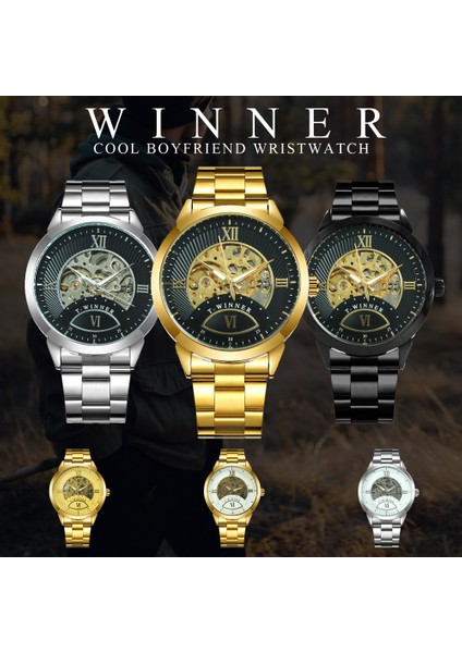 Altın Beyaz Kazanan Resmi Lüks Marka Otomatik Izle Siyah Paslanmaz Çelik Kayış Altın Saatler Erkekler Için Mekanik Kol Saati (Yurt Dışından) modelleri