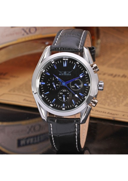 Gümüş Siyah Jaragar Alaşım Mekanik Saat Üç Göz Altı El Mekanik Saat Yuvarlak Gün Tarih Kemer Kol Saati Erkek ve Kadın Saatleri (Yurt Dışından)