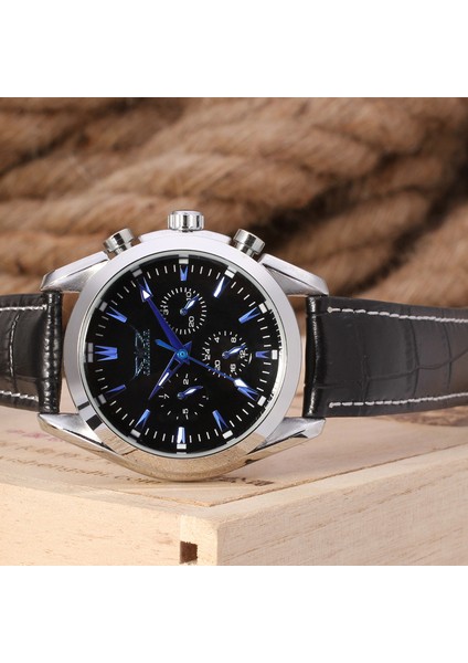 Gümüş Siyah Jaragar Alaşım Mekanik Saat Üç Göz Altı El Mekanik Saat Yuvarlak Gün Tarih Kemer Kol Saati Erkek ve Kadın Saatleri (Yurt Dışından) modelleri