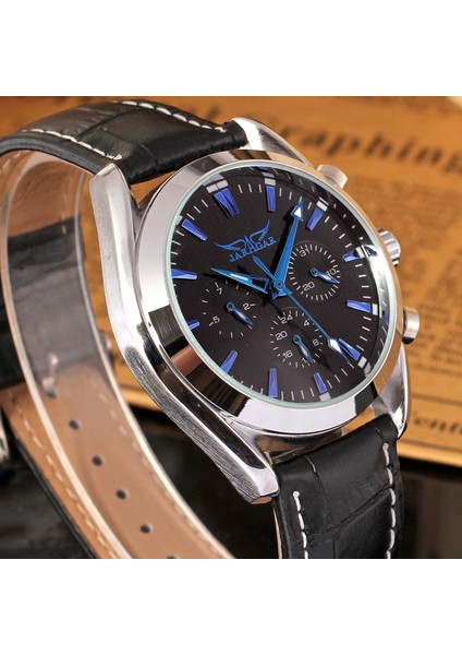 Gümüş Siyah Jaragar Alaşım Mekanik Saat Üç Göz Altı El Mekanik Saat Yuvarlak Gün Tarih Kemer Kol Saati Erkek ve Kadın Saatleri (Yurt Dışından) fırsatları