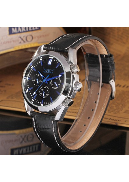 Gümüş Siyah Jaragar Alaşım Mekanik Saat Üç Göz Altı El Mekanik Saat Yuvarlak Gün Tarih Kemer Kol Saati Erkek ve Kadın Saatleri (Yurt Dışından) indirimleri