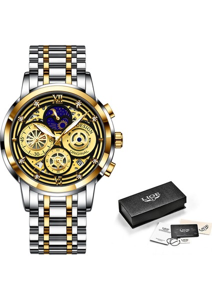 Altın Siyah Lıge 2023 Yeni Moda Erkekler Izle Takvim Paslanmaz Çelik Üst Marka Lüks Spor Chronograph Kuvars Izle Relogio Masculino + Kutu (Yurt Dışından)