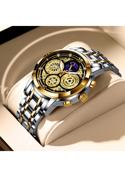 Altın Siyah Lıge 2023 Yeni Moda Erkekler Izle Takvim Paslanmaz Çelik Üst Marka Lüks Spor Chronograph Kuvars Izle Relogio Masculino + Kutu (Yurt Dışından)