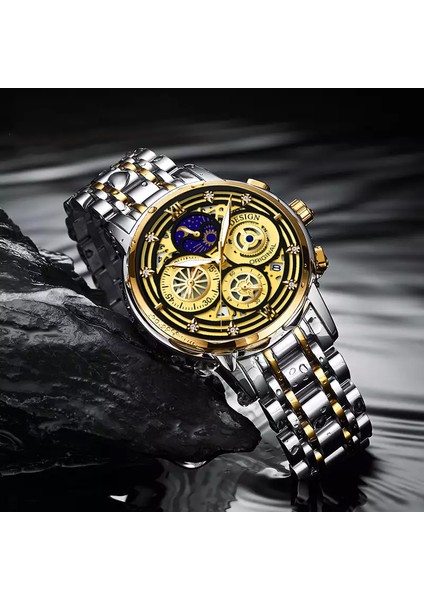 Altın Siyah Lıge 2023 Yeni Moda Erkekler Izle Takvim Paslanmaz Çelik Üst Marka Lüks Spor Chronograph Kuvars Izle Relogio Masculino + Kutu (Yurt Dışından)