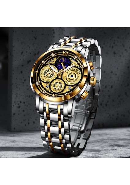 Altın Siyah Lıge 2023 Yeni Moda Erkekler Izle Takvim Paslanmaz Çelik Üst Marka Lüks Spor Chronograph Kuvars Izle Relogio Masculino + Kutu (Yurt Dışından)