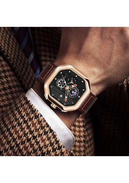 Siyah Lıge Erkekler Izle Üst Marka Lüks Kare Kuvars Erkek Saatler Deri Kayış Su Geçirmez Chronograph Kol Saati Adam Relogio Masculino (Yurt Dışından)