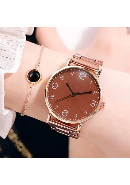 Gül Altın Kahverengi Set Izle Kadın 2022 Yeni Moda Lüks Basit Çelik Bant Izle Bayanlar Büyük Kadran Kuvars Saat Bilezik Saat Seti Reloj Mujer (Yurt Dışından)