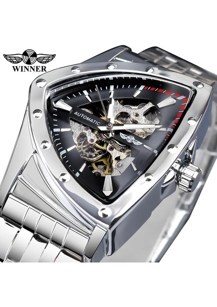 S1225-6 Kazanan Geometrik Üçgen Kasa Tasarımı Paslanmaz Çelik Kemer Erkek Spor Moda Aydınlık Otomatik Mekanik Saat (Yurt Dışından)