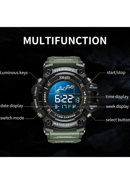 Armygreen Smael Dijital Saat LED Çalar Saat Askeri Saatler Büyük Arama Dijital Kol Saatleri 8082 Erkekler Için Spor Saatler (Yurt Dışından)
