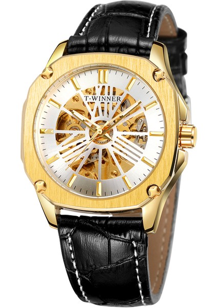 08 T-Kazanan Moda Minimalist Tarzı Içi Boş Mekanik Hareket Mekanik Saat Siyah Dairesel Bilek Kayışı Mekanik Saat (Yurt Dışından)