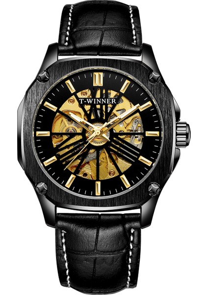 08 T-Kazanan Moda Minimalist Tarzı Içi Boş Mekanik Hareket Mekanik Saat Siyah Dairesel Bilek Kayışı Mekanik Saat (Yurt Dışından) modelleri