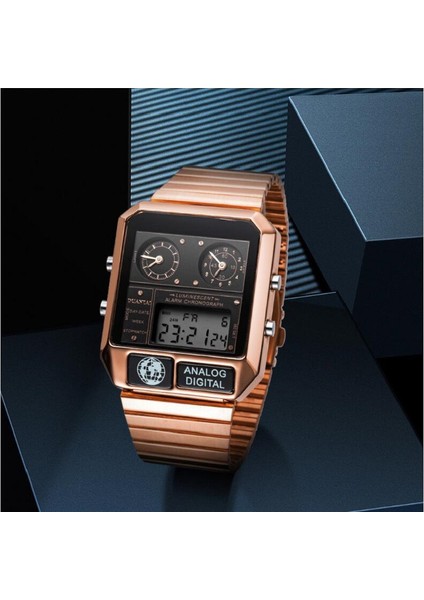 Mavi Duantaı Erkek Lüks Moda Tam Çelik Kare Saat Çift SYNCHRONOUS10-BIT LED Dijital Saat Erkekler Spor Izle Часы Мужские (Yurt Dışından) fırsatları