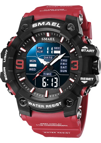 Kırmızı Kuvars Saatler Spor Dijital 50 M Su Geçirmez Saat Alarmı Otomatik Tarih Hafta Ekran LED Kol Saatleri 8049 Erkekler Izle Dijital Ikili Zaman (Yurt Dışından)