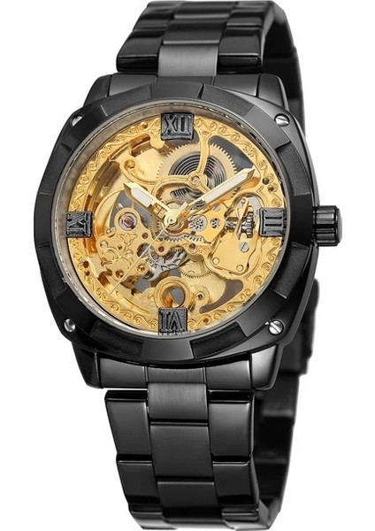 Siyah Forsınıng Erkek Mekanik Saat Basit Eğlence Tarzı Içi Boş Mekanik Saat Çelik Bantlı Saat Gümüş Diş Şeklindeki Saat (Yurt Dışından)