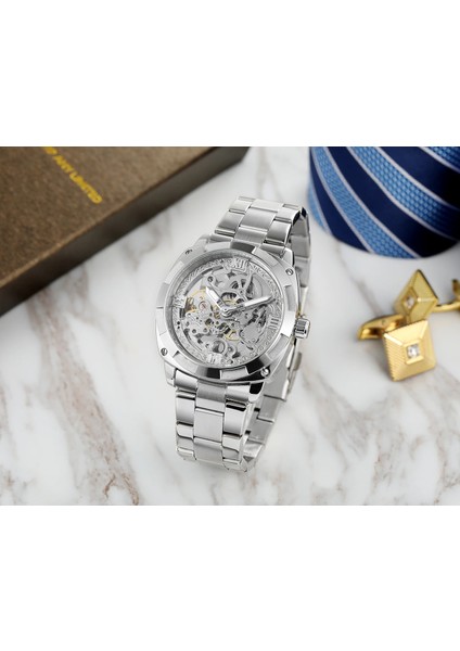 Siyah Forsınıng Erkek Mekanik Saat Basit Eğlence Tarzı Içi Boş Mekanik Saat Çelik Bantlı Saat Gümüş Diş Şeklindeki Saat (Yurt Dışından) fiyatları