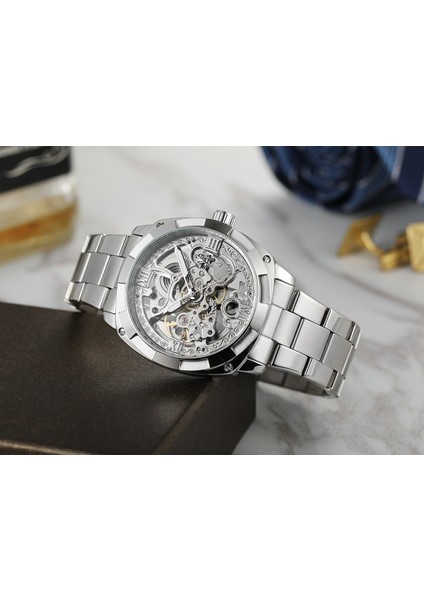 Siyah Forsınıng Erkek Mekanik Saat Basit Eğlence Tarzı Içi Boş Mekanik Saat Çelik Bantlı Saat Gümüş Diş Şeklindeki Saat (Yurt Dışından) modelleri