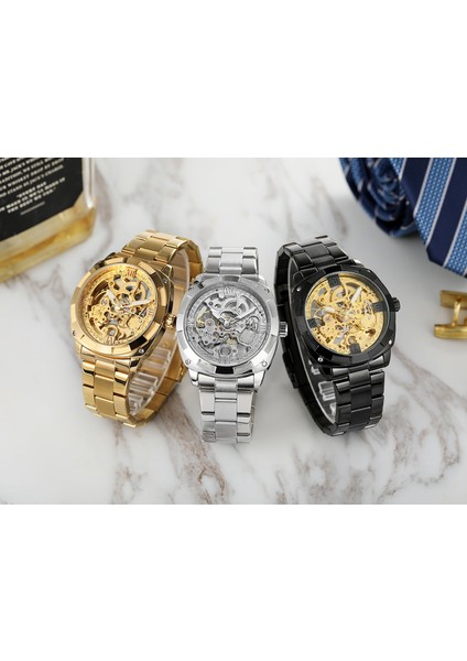 Siyah Forsınıng Erkek Mekanik Saat Basit Eğlence Tarzı Içi Boş Mekanik Saat Çelik Bantlı Saat Gümüş Diş Şeklindeki Saat (Yurt Dışından) fırsatları