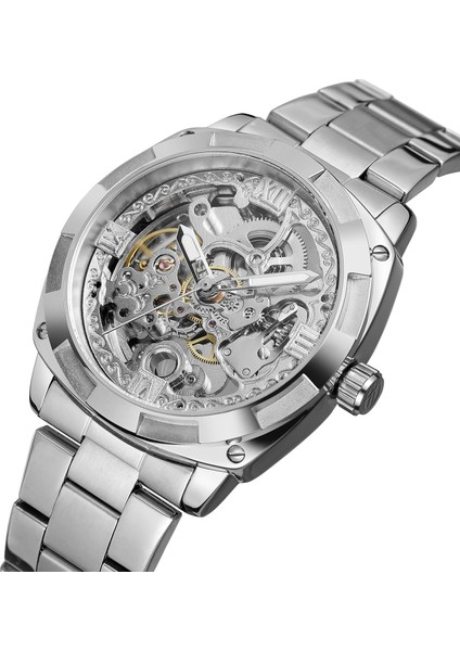 Siyah Forsınıng Erkek Mekanik Saat Basit Eğlence Tarzı Içi Boş Mekanik Saat Çelik Bantlı Saat Gümüş Diş Şeklindeki Saat (Yurt Dışından) indirimleri