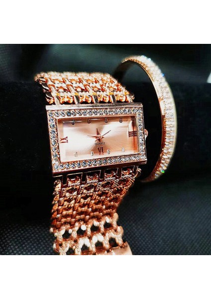 Altın ile Gül 2 Adet 2 Adet Buzlu Out Izle Bileklik Kadınlar Için Bling Bilezik Izle Kadınlar Için Lüks Altın Saat Seti Kadınlar Basit Izle Relojes Para Mujer (Yurt Dışından)