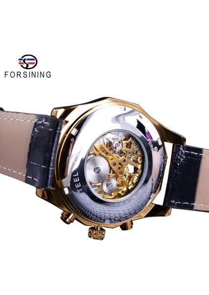 GMT886-1 Forsining Su Geçirmez Altın Siyah Saat Erkekler Için Iki Düğme Dekorasyon Mekanik Bilek Saatler Siyah Hakiki Deri (Yurt Dışından)